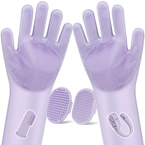 Lavender purple silicone pet bath and massage set featuring five grooming tools for cats and dogs.