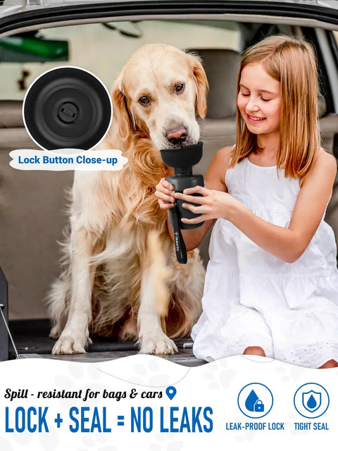 Young girl feeding her dog with a leak-proof dog water bottle showing the lock and seal close-up