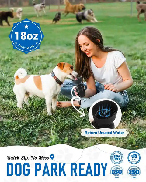 Woman using an 18oz Lesotc dog water bottle to hydrate her dog at a dog park