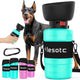 Aqua blue Lesotc 800ml dog travel water bottle with carrying strap and integrated bowl near a Doberman