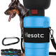 Lesotc blue portable dog water flask with shoulder strap, push button lock, and a Doberman Pinscher