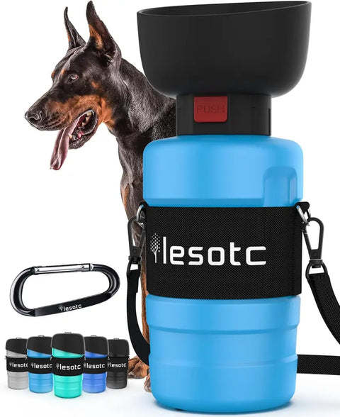 Lesotc blue portable dog water flask with shoulder strap, push button lock, and a Doberman Pinscher