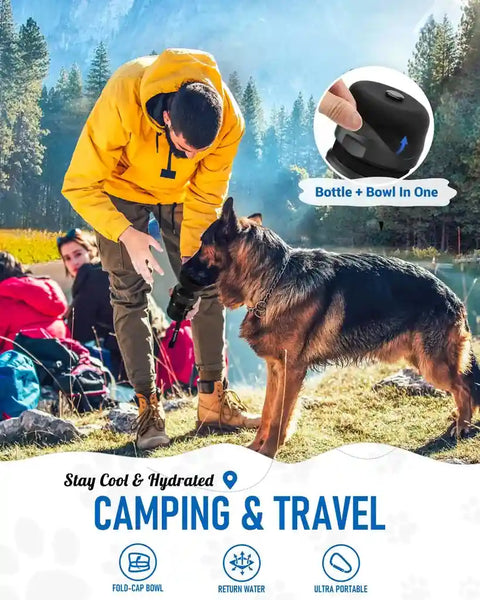 Man camping and traveling with a German Shepherd using a fold-cap dog water bottle