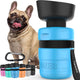 Light blue squeeze dog water bottle dispenser with wrist strap and carabiner clip