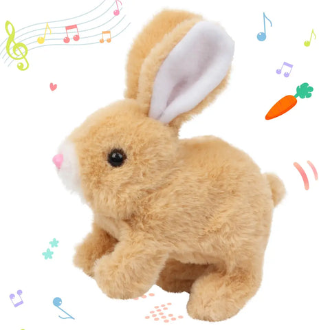 Realistic light brown plush hopping bunny rabbit interactive toy with pink nose