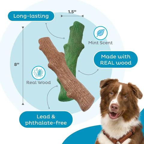 8-inch long-lasting dog chew toy made with real wood and mint scent, lead and phthalate-free.