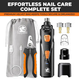 Premium Lopsic pet grooming tools laid out next to a grey velvet travel bag, emphasizing secure and organized storage for the complete set.