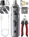 Grey Lopsic S5 Pro dog nail grinder bundle featuring 3-speed cordless grinder, heavy-duty clippers, and grey velvet travel bag.