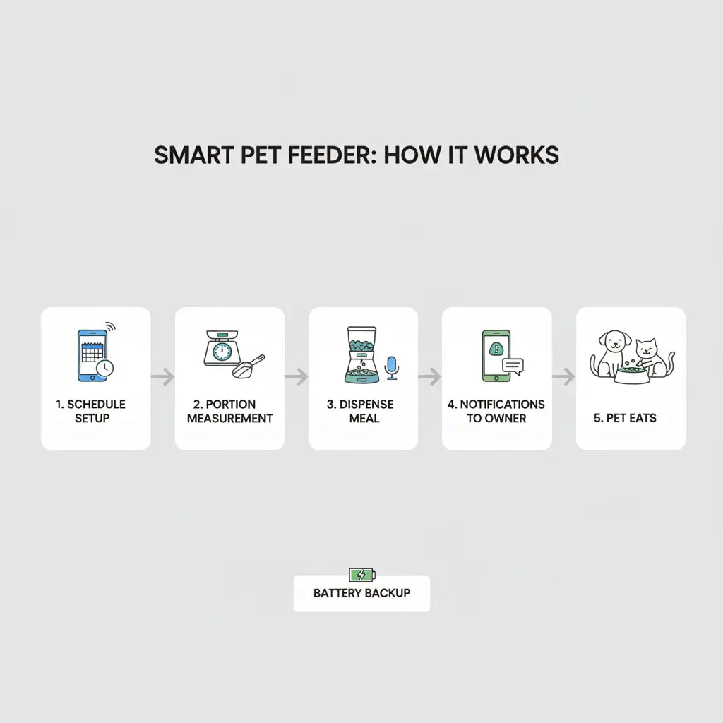 Flowchart showing steps: Schedule Setup → Portion Measurement → Dispense Meal → Notifications to Owner → Pet Eats. Include icons for app control, Wi-Fi, voice recording, and battery backup.