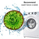Green dog snuffle mat floating into a washing machine illustrating recommended twice-a-week machine washing instructions.