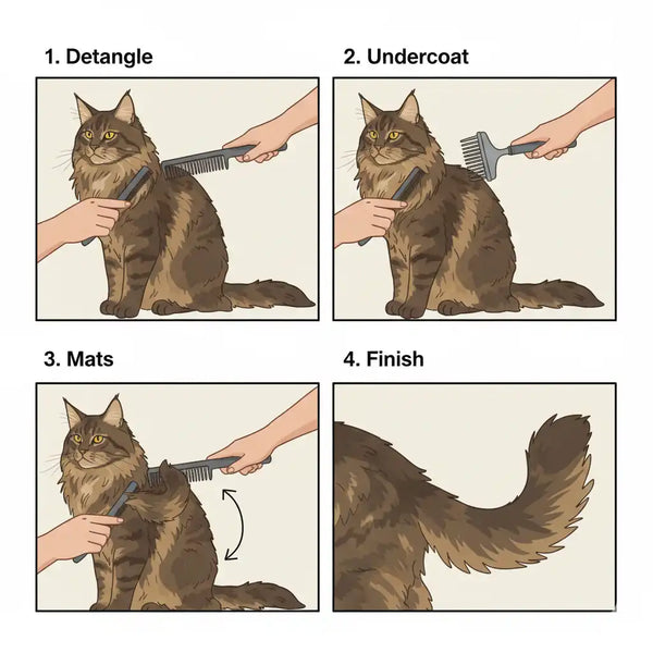 Diagram illustrating the step-by-step grooming process for a Maine Coon cat, from detangling to finishing the coat.