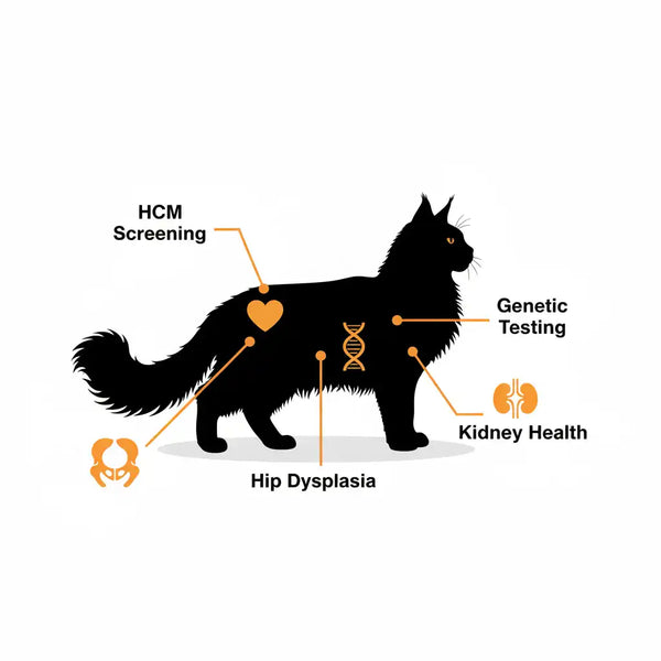 Maine Coon health anatomy infographic showing heart hips kidneys