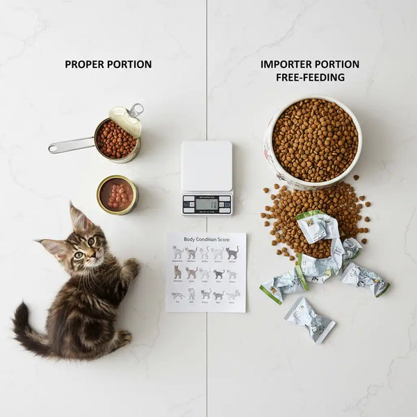 Visual comparison of correct measured Maine Coon cat portions versus excessive free-feeding, with tools for portion control like a scale and measuring cup