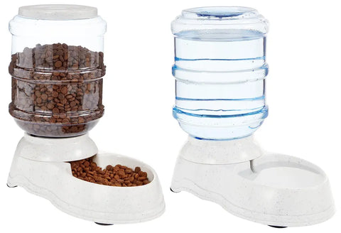 Two-piece matching pet feeding station including an automatic food dispenser and waterer set.