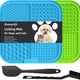MateeyLife blue and green silicone licking mat for dogs and cats with black spatula and cleaning brush.