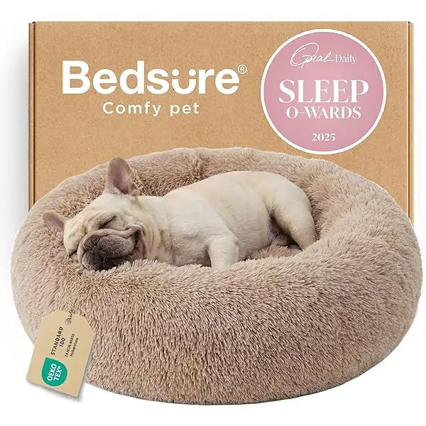 Medium 30 inch calming donut dog bed in camel faux fur with raised rim for medium dogs and cats up to 45 lbs