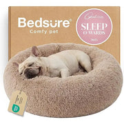 Medium 30 inch calming donut dog bed in camel faux fur with raised rim for medium dogs and cats up to 45 lbs