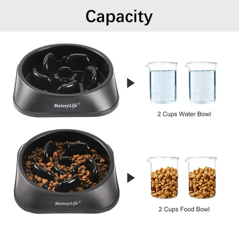 Capacity guide for the medium MateeyLife bowl showing it holds 2 cups of food or water.