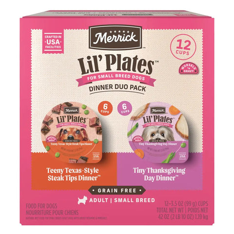 Merrick Lil Plates Dinner Duo Pack 12 cups featuring Teeny Texas-Style Steak Tips and Tiny Thanksgiving Day Dinner for adult small breed dogs.