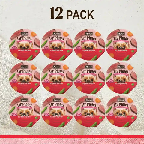 Merrick Lil Plates grain free Itsy Bitsy Beef Stew small breed wet dog food 12 pack cups.