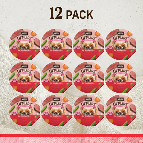 Merrick Lil Plates grain free Itsy Bitsy Beef Stew small breed wet dog food 12 pack cups.