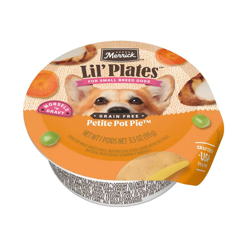 Single cup of Merrick Lil Plates grain free Petite Pot Pie morsels in gravy wet dog food for small breeds featuring a Corgi.