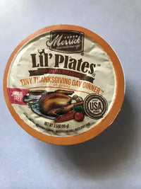 Real customer unboxing image showing a top-down view of Merrick Lil Plates Tiny Thanksgiving Day Dinner wet dog food cup.