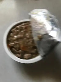 Candid customer review photo showing the texture of opened small breed wet dog food morsels in gravy.