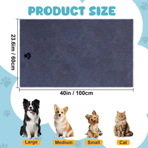 Size chart for the microfiber pet towel showing dimensions of 40 inches by 23.6 inches (100cm x 60cm), indicating it is suitable for cats, small, medium, and large dog breeds.