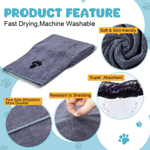 Product features infographic of the gray pet towel highlighting its fine-side whipstitch edges, resistance to shedding, super absorbency, and soft skin-friendly fabric texture.