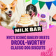 Two dogs celebrating with a Milk Bar birthday cake and Wellness Old Mother Hubbard p'nutty b-day party dog biscuits.