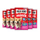 Six boxes of Milk-Bone Minis Flavor Snacks 15-ounce dog treats arranged in a fan display.