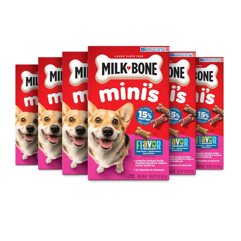 Six boxes of Milk-Bone Minis Flavor Snacks 15-ounce dog treats arranged in a fan display.