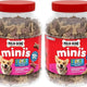 Two large jars of Milk-Bone Minis Flavor Snacks dog treats in beef, chicken, and bacon flavors.