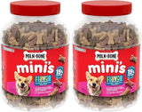 Two large jars of Milk-Bone Minis Flavor Snacks dog treats in beef, chicken, and bacon flavors.