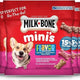 A row of 20-pack Milk-Bone Minis Flavor Snacks 2.5 ounce travel-sized pouches featuring a Corgi on the label.