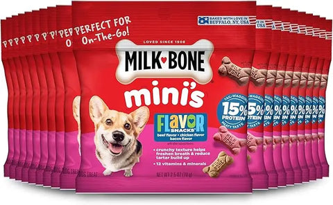A row of 20-pack Milk-Bone Minis Flavor Snacks 2.5 ounce travel-sized pouches featuring a Corgi on the label.
