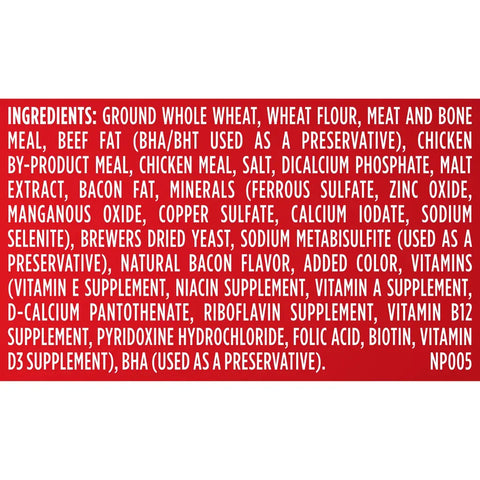 Pet nutrition facts table for Milk-Bone Minis showing protein, fat, and vitamin percentages per piece.