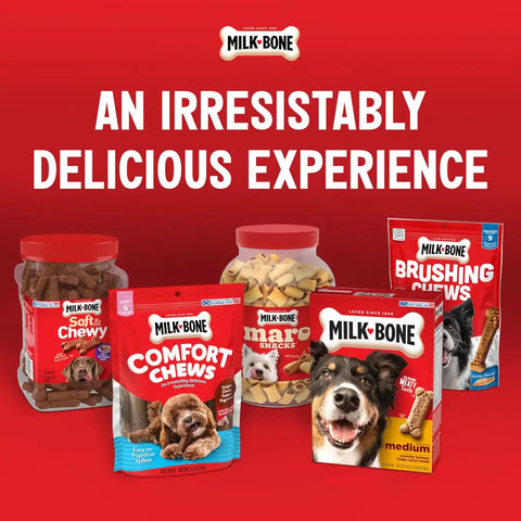 Various Milk-Bone products including Soft & Chewy, Comfort Chews, MaroSnacks, and Brushing Chews.