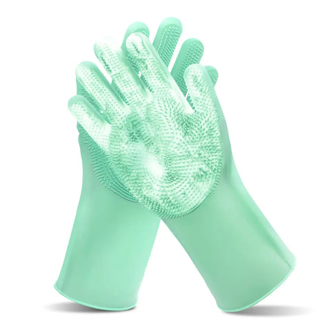 Mint green silicone pet grooming gloves with built-in scrubbing bristles.