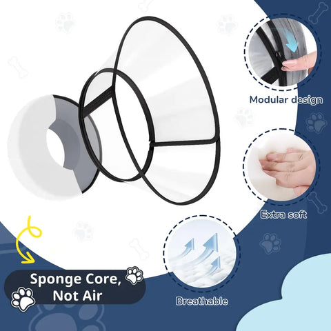 Exploded view infographic of the dog cone highlighting its modular design, extra soft breathable sponge core, and zipper attachment.
