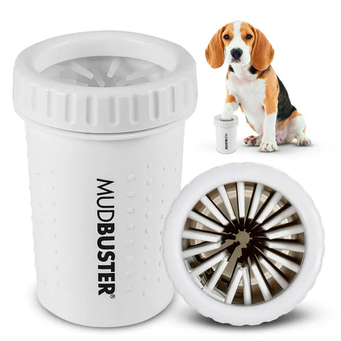 Bright white MudBuster portable dog paw washer cup with top-down bristle view
