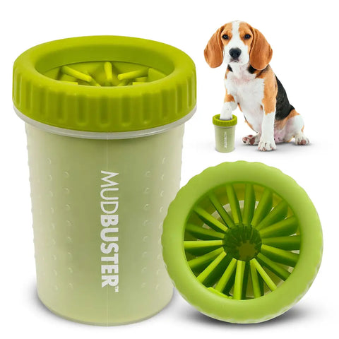 Green MudBuster dog paw cleaner cup alongside top-down view of green silicone bristles and beagle graphic
