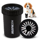 Matte black MudBuster dog paw cleaner cup alongside top-down view of silicone bristles