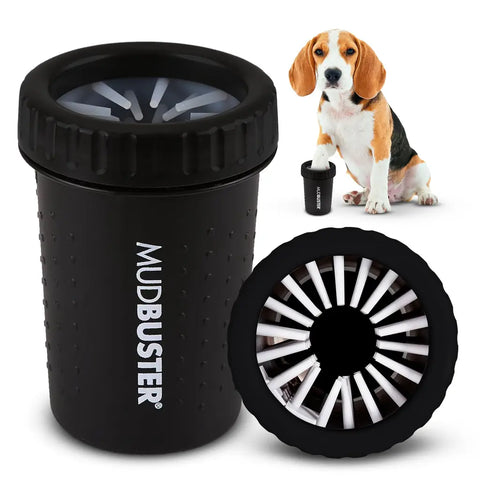 Matte black MudBuster dog paw cleaner cup alongside top-down view of silicone bristles