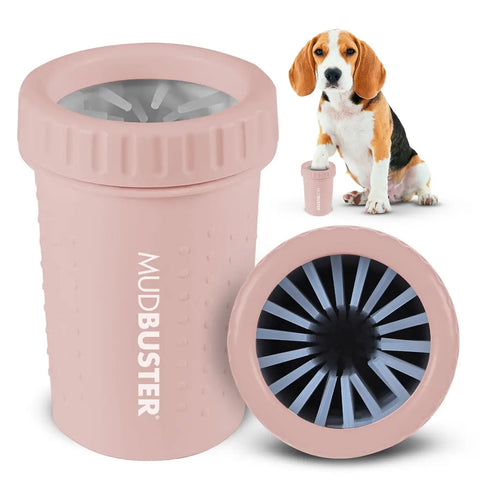 Pink MudBuster dog paw cleaning cup with internal gray silicone bristles