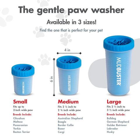 MudBuster dog paw washer sizing guide comparing small, medium, and large dimensions