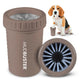 Taupe brown MudBuster pet paw cleaner cup showing top-down opening and beagle illustration