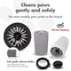 	Exploded feature diagram of a gray MudBuster paw cleaner cup showing the removable bristle mat and travel lid