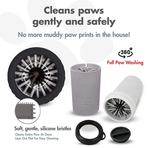 	Exploded feature diagram of a gray MudBuster paw cleaner cup showing the removable bristle mat and travel lid